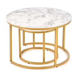 Garnero Arredamenti Set Tavolini|Set Tavolini-Set 2 tavolini rotondi da salotto effetto marmo bianco oro Lepi