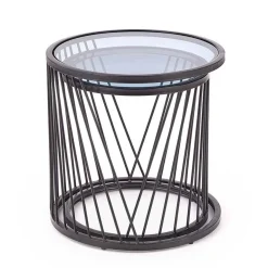 Garnero Arredamenti Set Tavolini|Set Tavolini-Set 2 tavolini 40x30cm da salotto rotondi vetro fumè acciaio nero Foglia