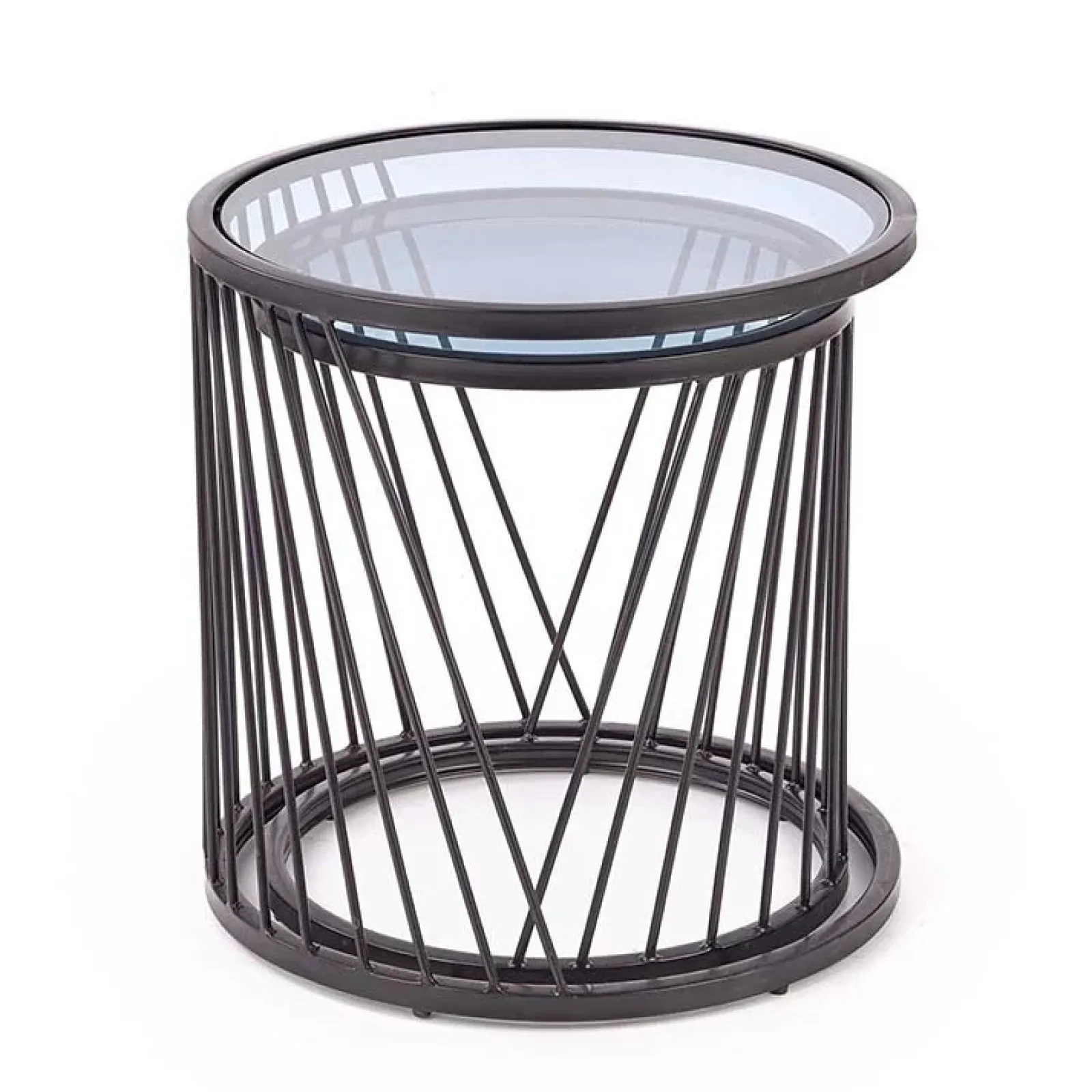 Garnero Arredamenti Set Tavolini|Set Tavolini-Set 2 tavolini 40x30cm da salotto rotondi vetro fumè acciaio nero Foglia