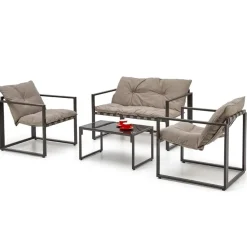 Garnero Arredamenti Salotto Da Giardino-Set da giardino divano, poltrona, tavolino in vetro nero marrone Surat