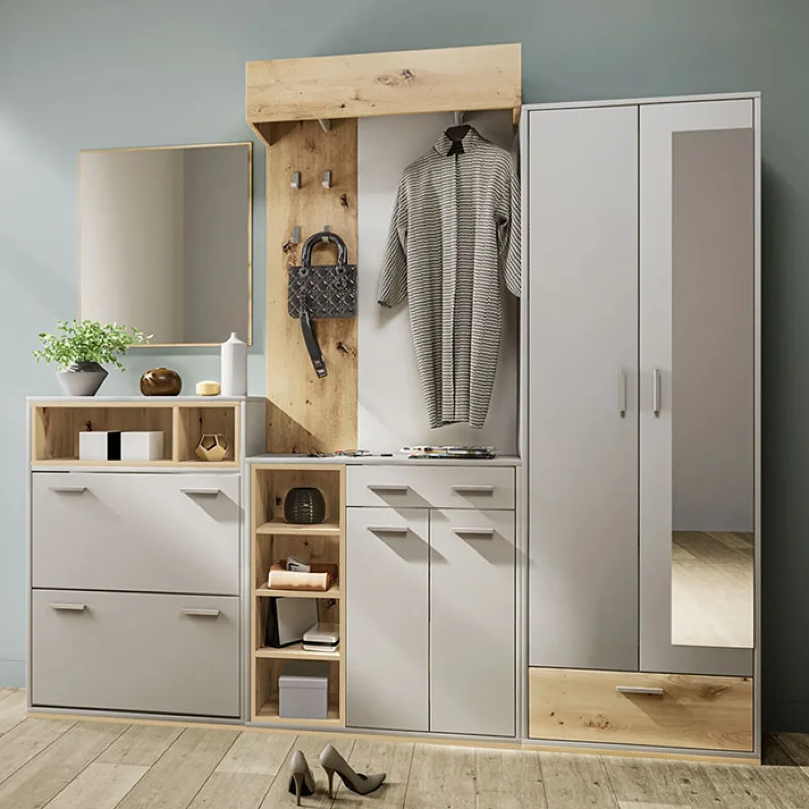 Garnero Arredamenti Mobili Ingresso-Set mobili ingresso 240x201h cm rovere naturale beige satinato Kenya