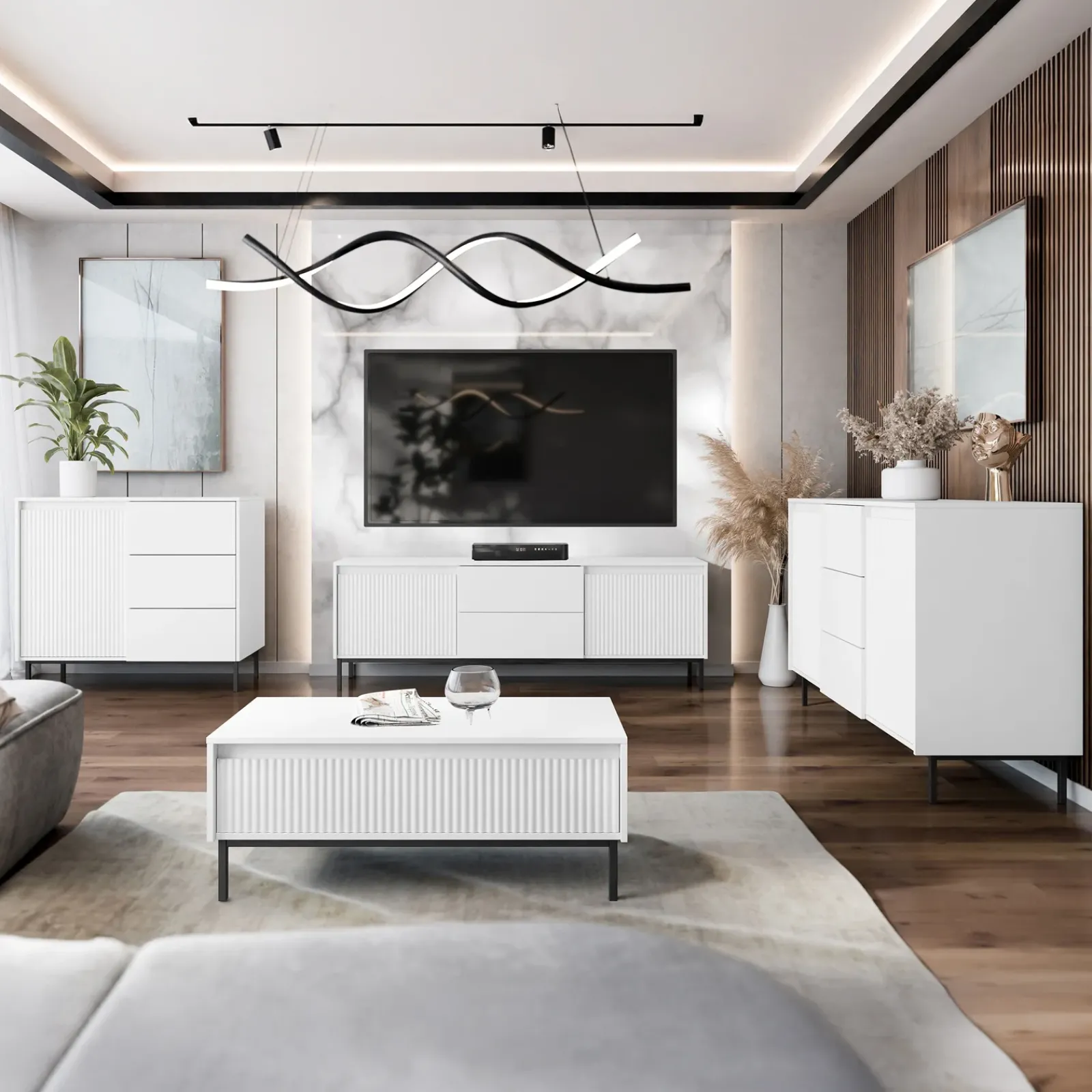 Garnero Arredamenti Set Mobili Soggiorno Completo-Set mobili soggiorno completo design cannettato bianco Strike Bianco Opaco