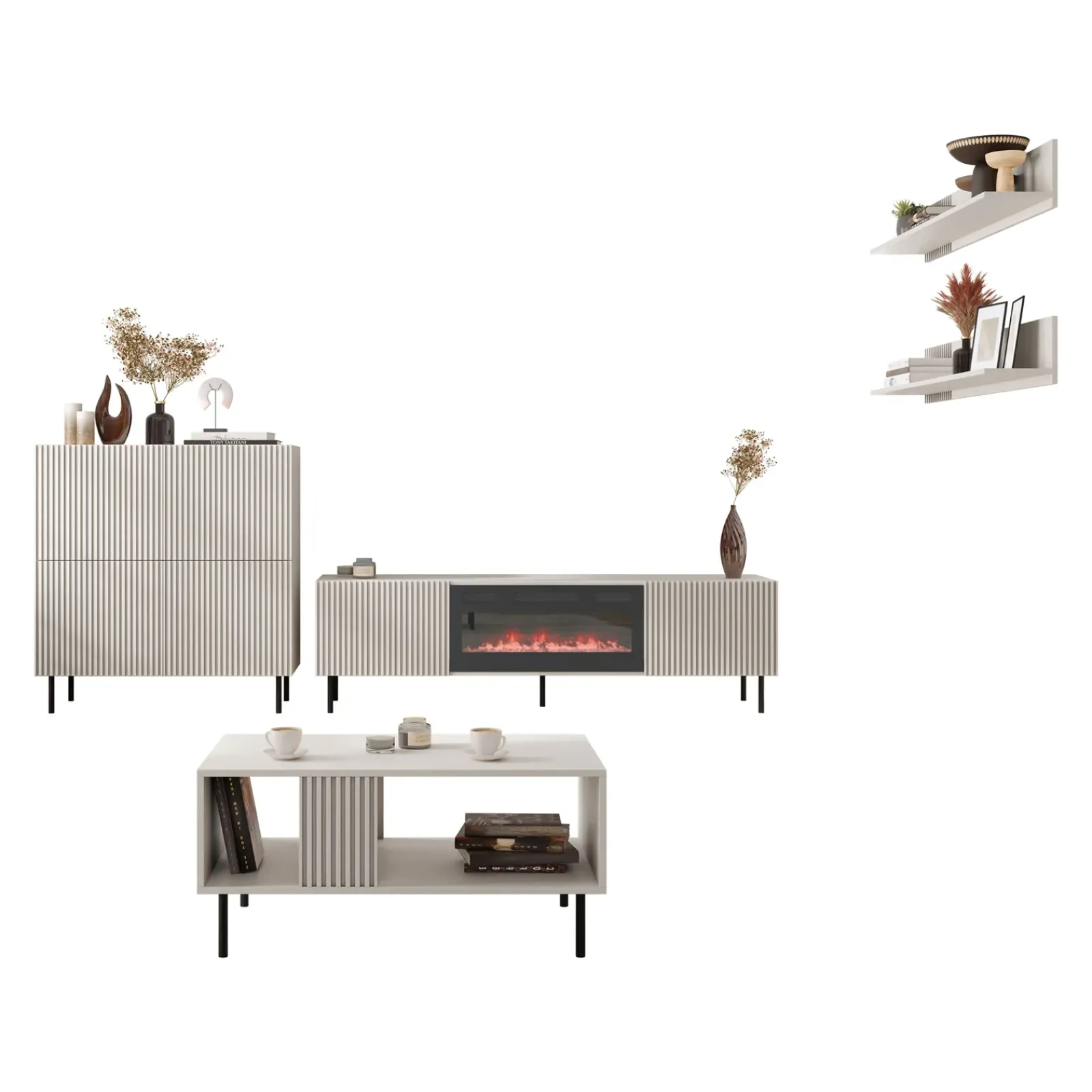 Garnero Arredamenti Set Mobili Soggiorno Completo-Set mobili soggiorno completo con frontali cannettati beige Ziggy 5