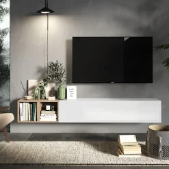 Garnero Arredamenti Mensole E Pensili|Pareti Attrezzate-Set pensili 194x29h cm 1 anta 2 cubotti bianco lucido rovere chiaro Sunset 49 Bianco Lucido - Rovere