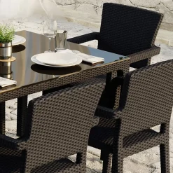 Garnero Arredamenti Set Tavolo E Sedie Da Giardino-Set tavolo da giardino esterno bar dehors 150x90cm + 6 sedie con braccioli effetto rattan marrone Bora