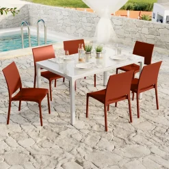 Garnero Arredamenti Set Tavolo E Sedie Da Giardino-Set tavolo da giardino esterno dehors con vetro 150x90 cm bianco + 6 sedie rosso mattone Ivy Bianco - Rosso