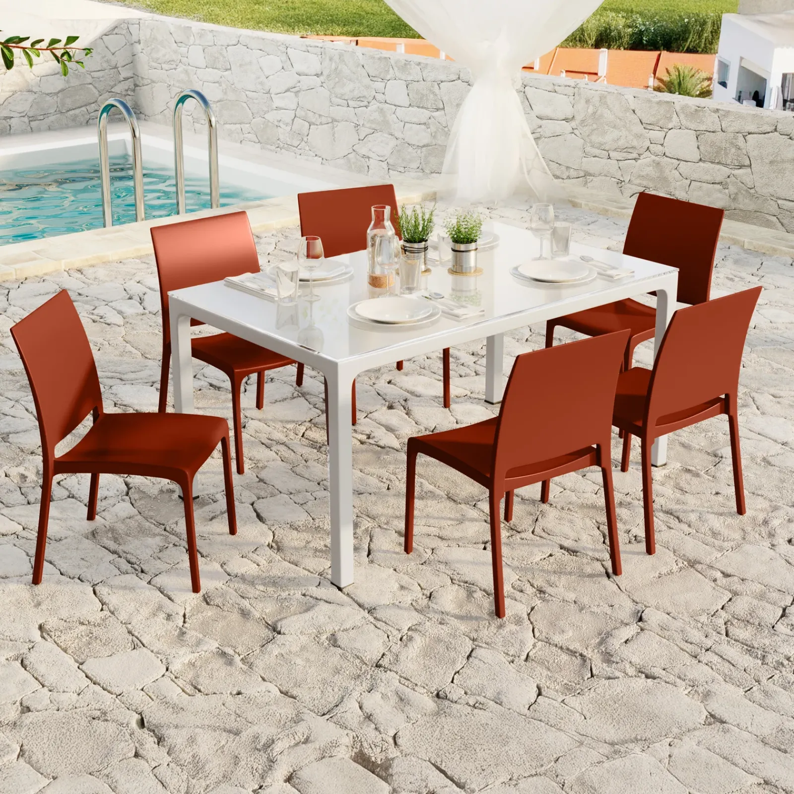 Garnero Arredamenti Set Tavolo E Sedie Da Giardino-Set tavolo da giardino esterno dehors con vetro 150x90 cm bianco + 6 sedie rosso mattone Ivy Bianco - Rosso