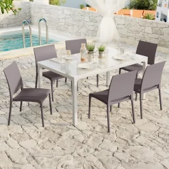 Garnero Arredamenti Set Tavolo E Sedie Da Giardino-Set tavolo da giardino esterno dehors con vetro 150x90 cm bianco + 6 sedie grigio tortora Ivy Bianco - Tortora