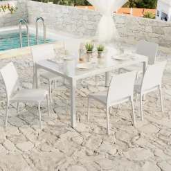 Garnero Arredamenti Set Tavolo E Sedie Da Giardino-Set tavolo da giardino esterno dehors con vetro 150x90 cm bianco + 6 sedie bianco Ivy Bianco - Bianco