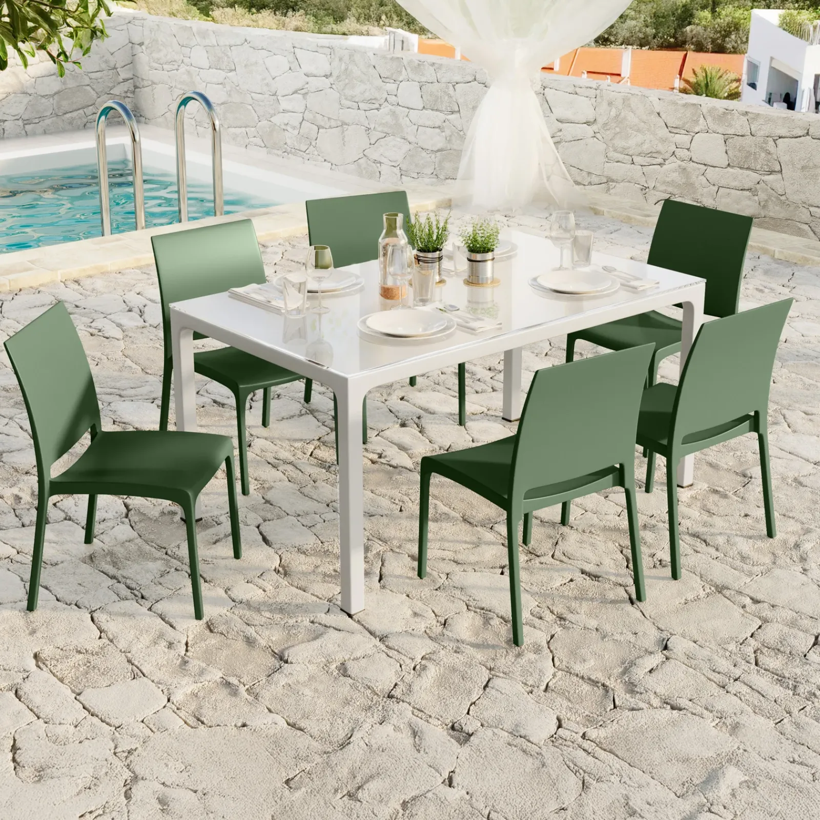 Garnero Arredamenti Set Tavolo E Sedie Da Giardino-Set tavolo da giardino esterno dehors con vetro 150x90 cm bianco + 6 sedie verde Ivy Bianco - Verde
