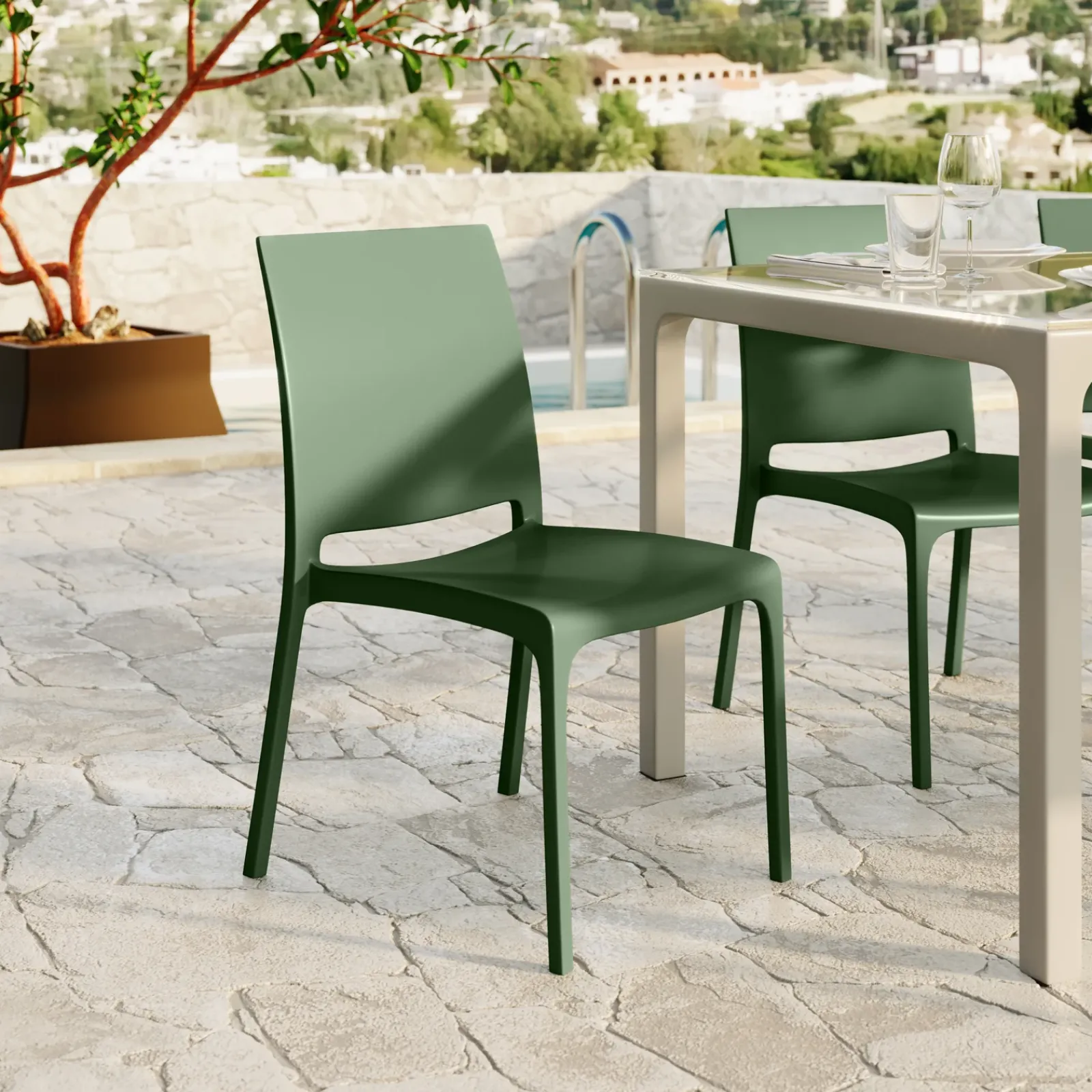 Garnero Arredamenti Set Tavolo E Sedie Da Giardino-Set tavolo da giardino esterno dehors con vetro 150x90 cm bianco + 6 sedie verde Ivy Bianco - Verde