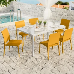 Garnero Arredamenti Set Tavolo E Sedie Da Giardino-Set tavolo da giardino esterno dehors con vetro 150x90 cm bianco + 6 sedie giallo senape Ivy Bianco - Senape