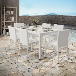 Garnero Arredamenti Set Tavolo E Sedie Da Giardino-Set tavolo da giardino esterno bar dehors rettangolare 150x90cm + 6 sedie effetto rattan Conchiglia Bianco