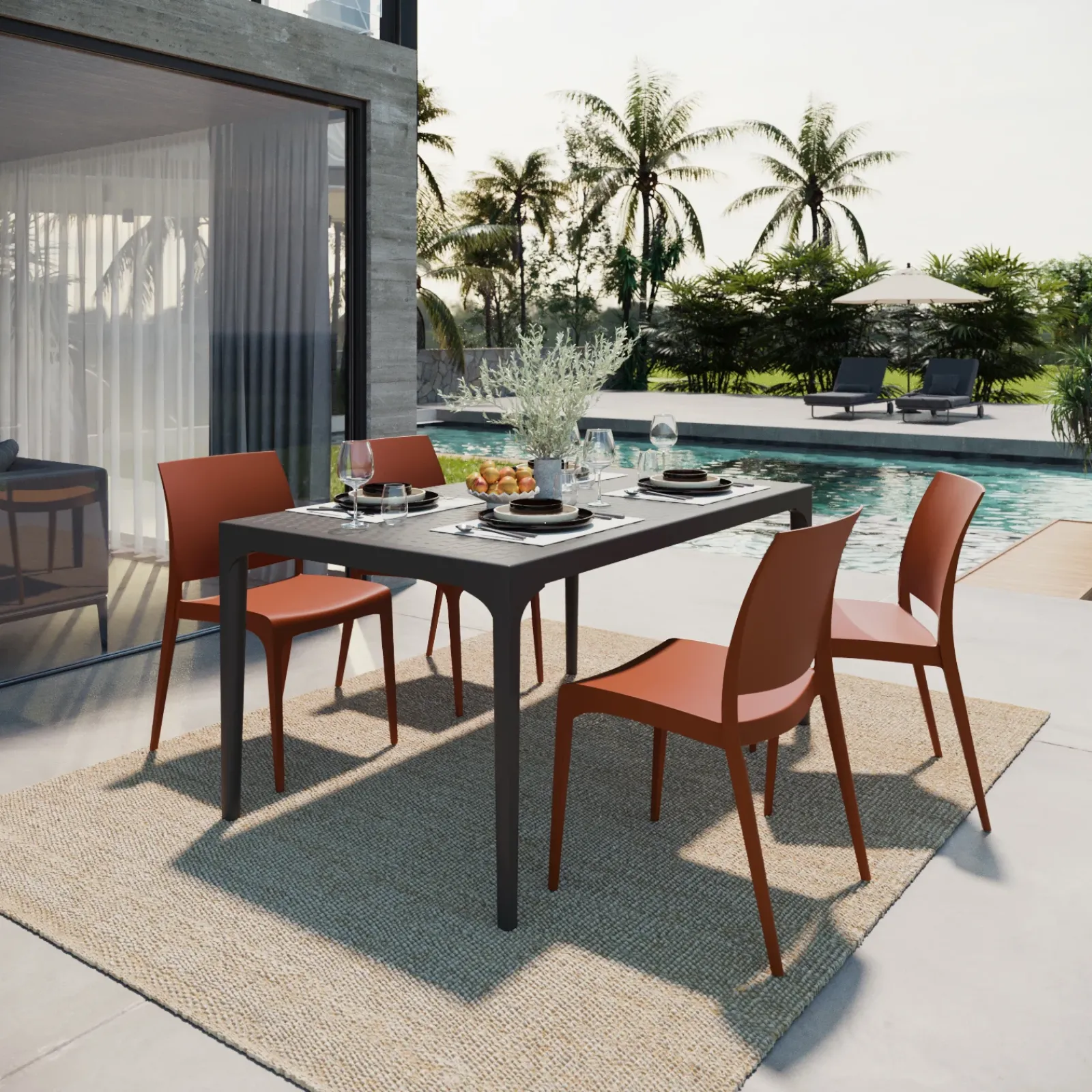 Garnero Arredamenti Set Tavolo E Sedie Da Giardino-Set tavolo da giardino esterno dehors 150x90 cm antracite + 4 sedie rosso mattone Coral Antracite - Rosso