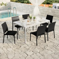 Garnero Arredamenti Set Tavolo E Sedie Da Giardino-Set tavolo da giardino esterno dehors con vetro 150x90 cm bianco + 6 sedie nero Ivy Bianco - Nero