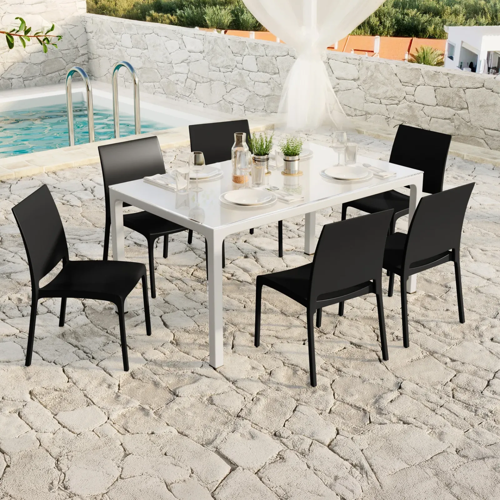 Garnero Arredamenti Set Tavolo E Sedie Da Giardino-Set tavolo da giardino esterno dehors con vetro 150x90 cm bianco + 6 sedie nero Ivy Bianco - Nero