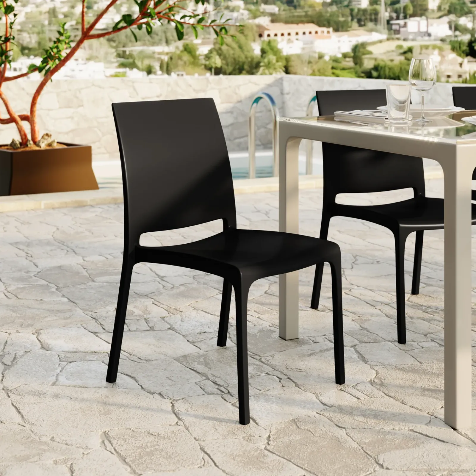 Garnero Arredamenti Set Tavolo E Sedie Da Giardino-Set tavolo da giardino esterno dehors con vetro 150x90 cm bianco + 6 sedie nero Ivy Bianco - Nero