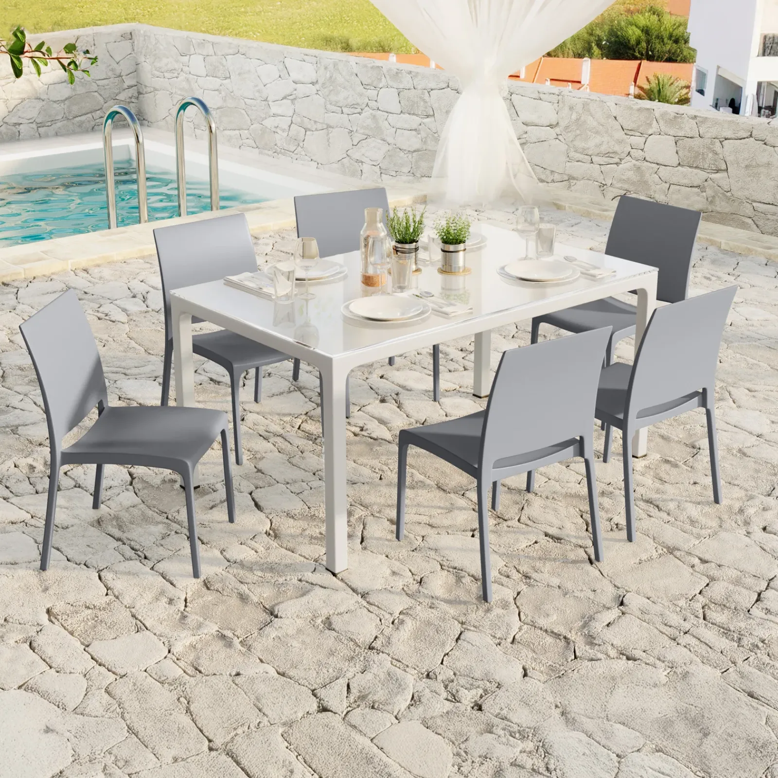 Garnero Arredamenti Set Tavolo E Sedie Da Giardino-Set tavolo da giardino esterno dehors con vetro 150x90 cm bianco + 6 sedie grigio Ivy Bianco - Grigio