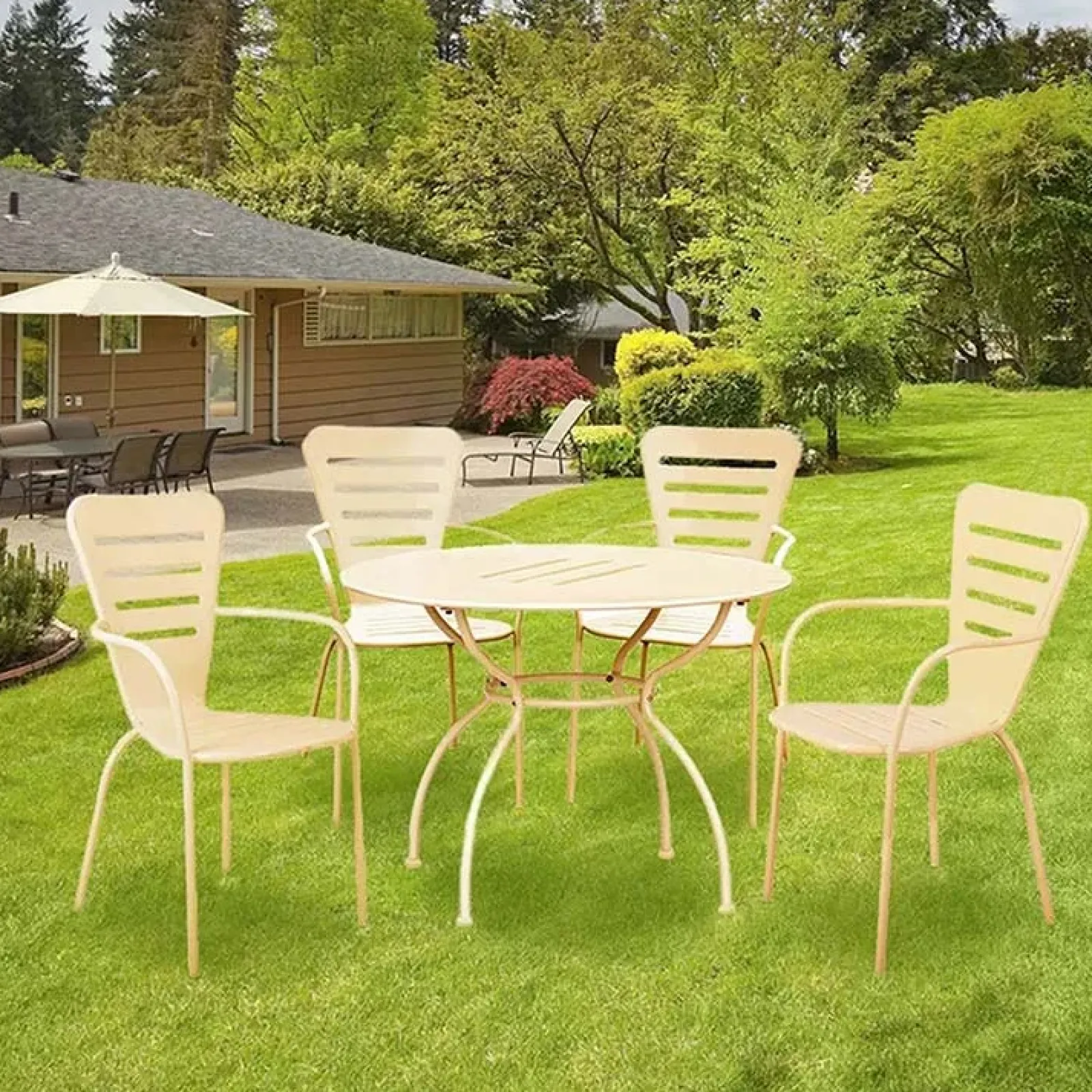 Garnero Arredamenti Salotto Da Giardino-Set tavolo rotondo 106x106cm + 4 sedie da giardino crema Nea