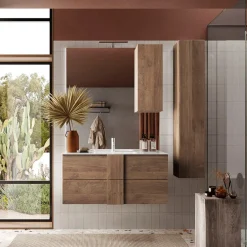 Garnero Arredamenti Specchio Per Bagno|Specchi-Specchiera 100x110cm bagno con led e pensile rovere Alvarez Noce