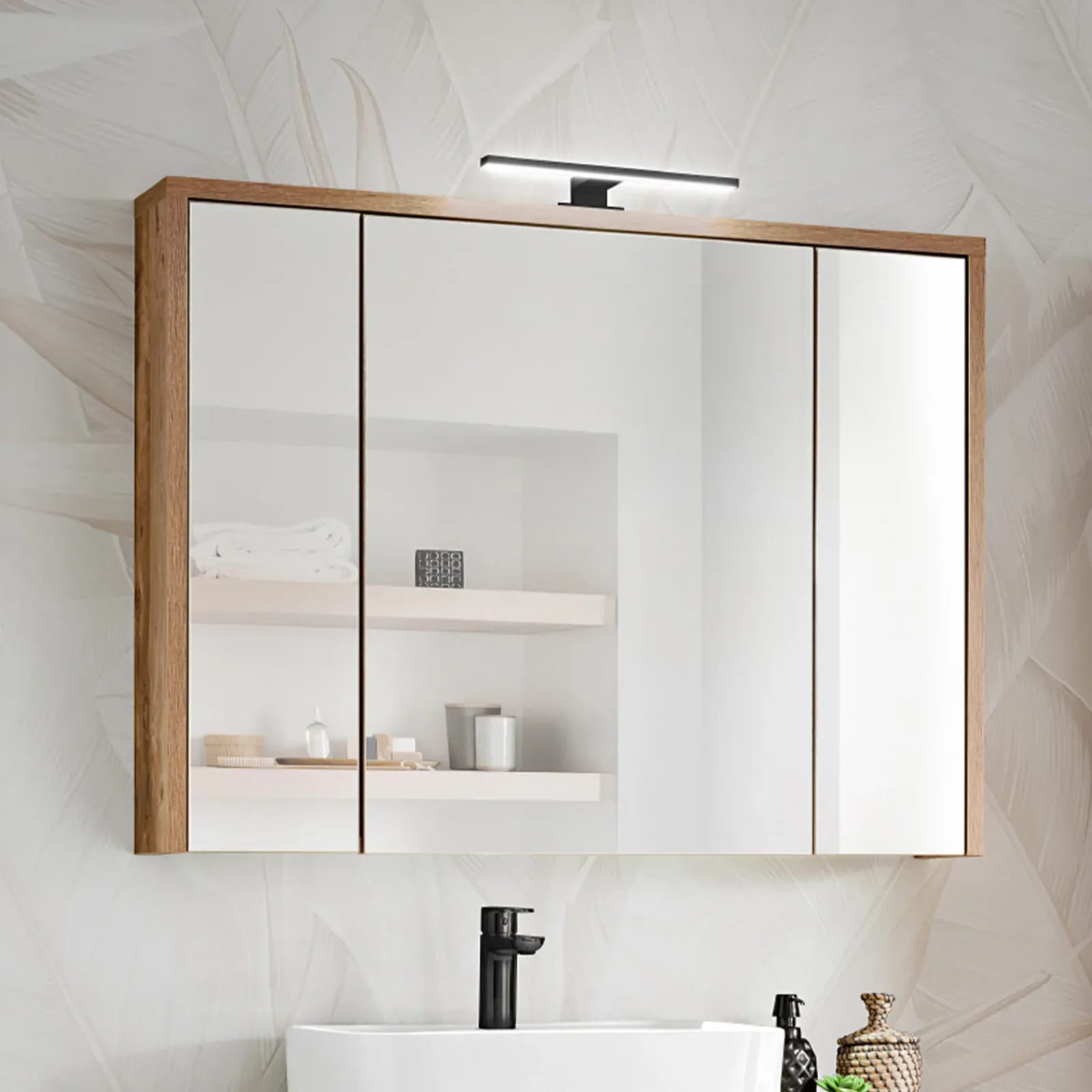 Garnero Arredamenti Specchi|Specchi-Specchio mobile contenitore 100x75cm 3 ante rovere Stony