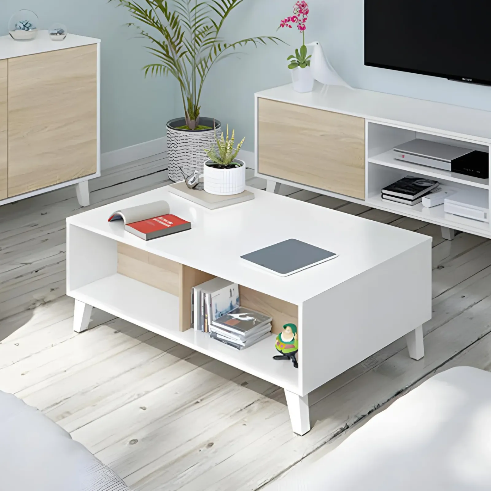 Garnero Arredamenti Tavolini Contenitore|Tavolini Contenitore-Tavolino da salotto contenitore 100x68cm design elevabile bianco rovere Ines