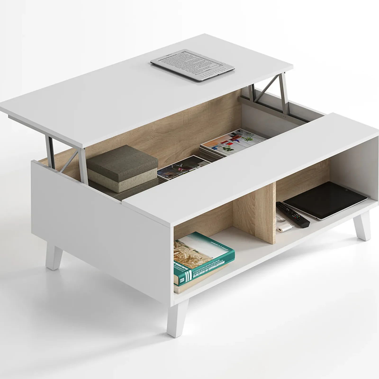 Garnero Arredamenti Tavolini Contenitore|Tavolini Contenitore-Tavolino da salotto contenitore 100x68cm design elevabile bianco rovere Ines