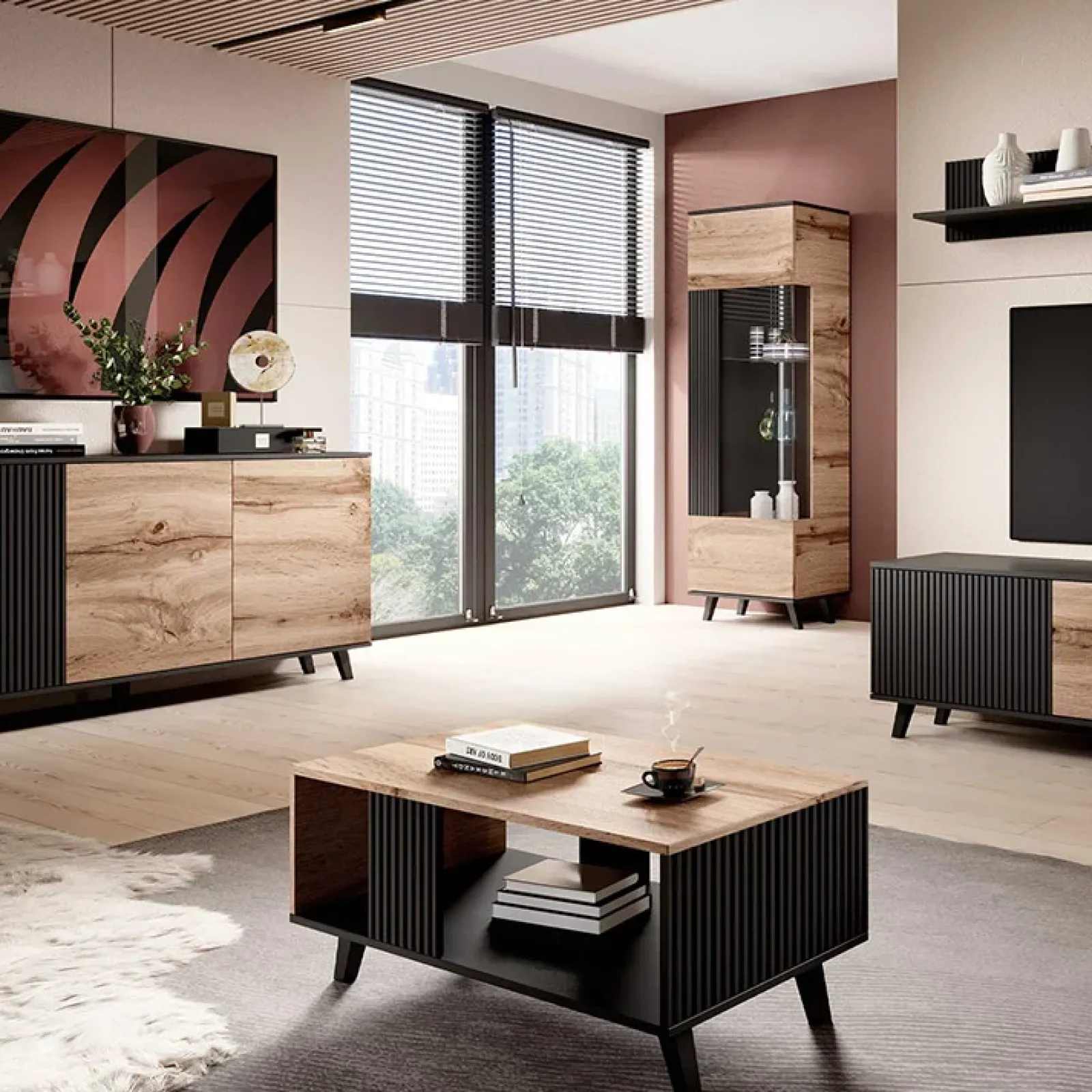 Garnero Arredamenti Tavolini Moderni|Tavolini Moderni-Tavolino da salotto design industrial 92x40cm rovere nero Nandina