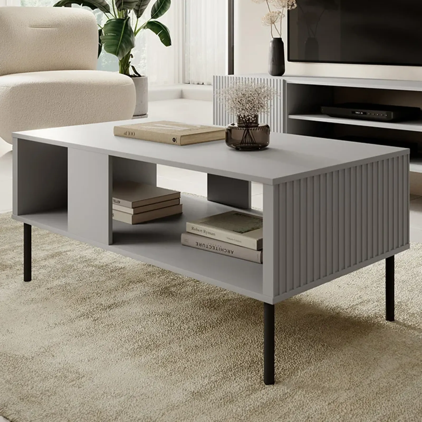 Garnero Arredamenti Tavolini Moderni|Tavolini Moderni-Tavolino da salotto moderno 110x48cm grigio chiaro nero Cadice