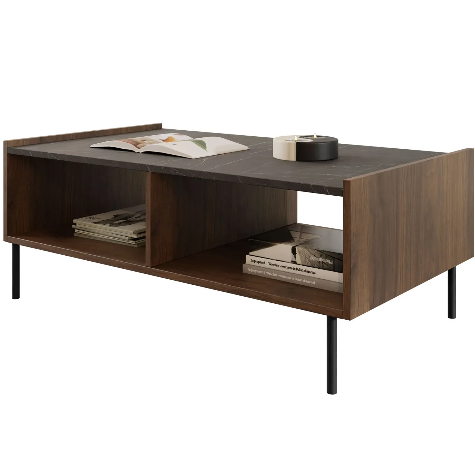 Garnero Arredamenti Tavolini Moderni|Tavolini Moderni-Tavolino da salotto 97x60 cm 2 vani a giorno piano effetto marmo nero noce Caliva