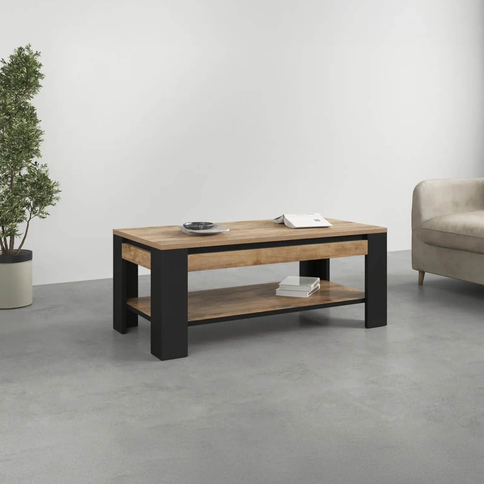 Garnero Arredamenti Tavolini Moderni|Tavolini Moderni-Tavolino da salotto 120x60 cm moderno rovere rustico nero Ilyssa