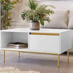 Garnero Arredamenti Tavolini Moderni|Tavolini Moderni-Tavolino da salotto 100x50cm 1 anta bianco oro Praga Bianco Opaco - Oro