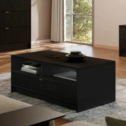 Garnero Arredamenti Tavolini Moderni|Tavolini Moderni-Tavolino da salotto 100x50cm con cassetto cannettato nero Athena Nero Opaco