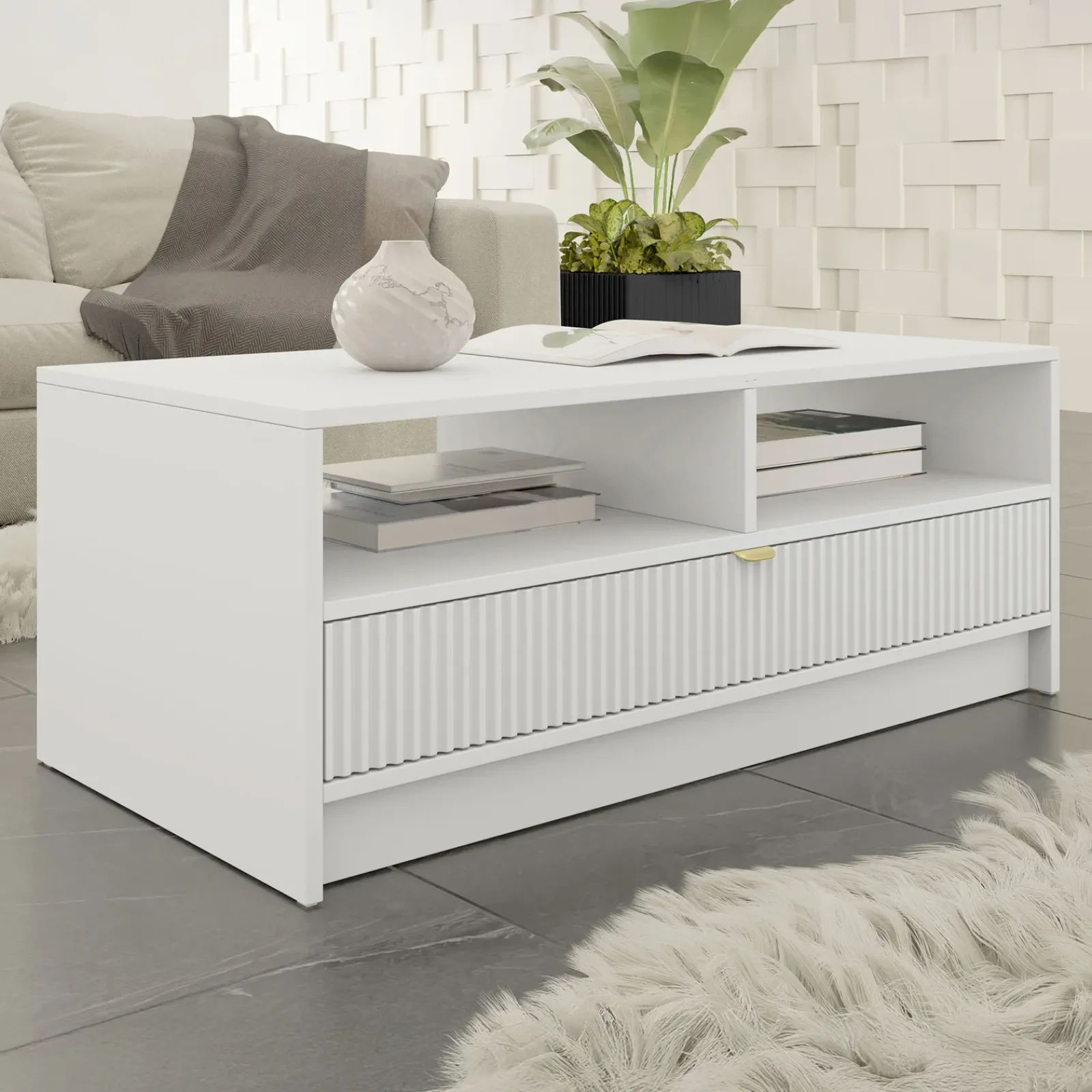 Garnero Arredamenti Tavolini Moderni|Tavolini Moderni-Tavolino da salotto 100x50cm con cassetto cannettato bianco Athena Bianco Opaco