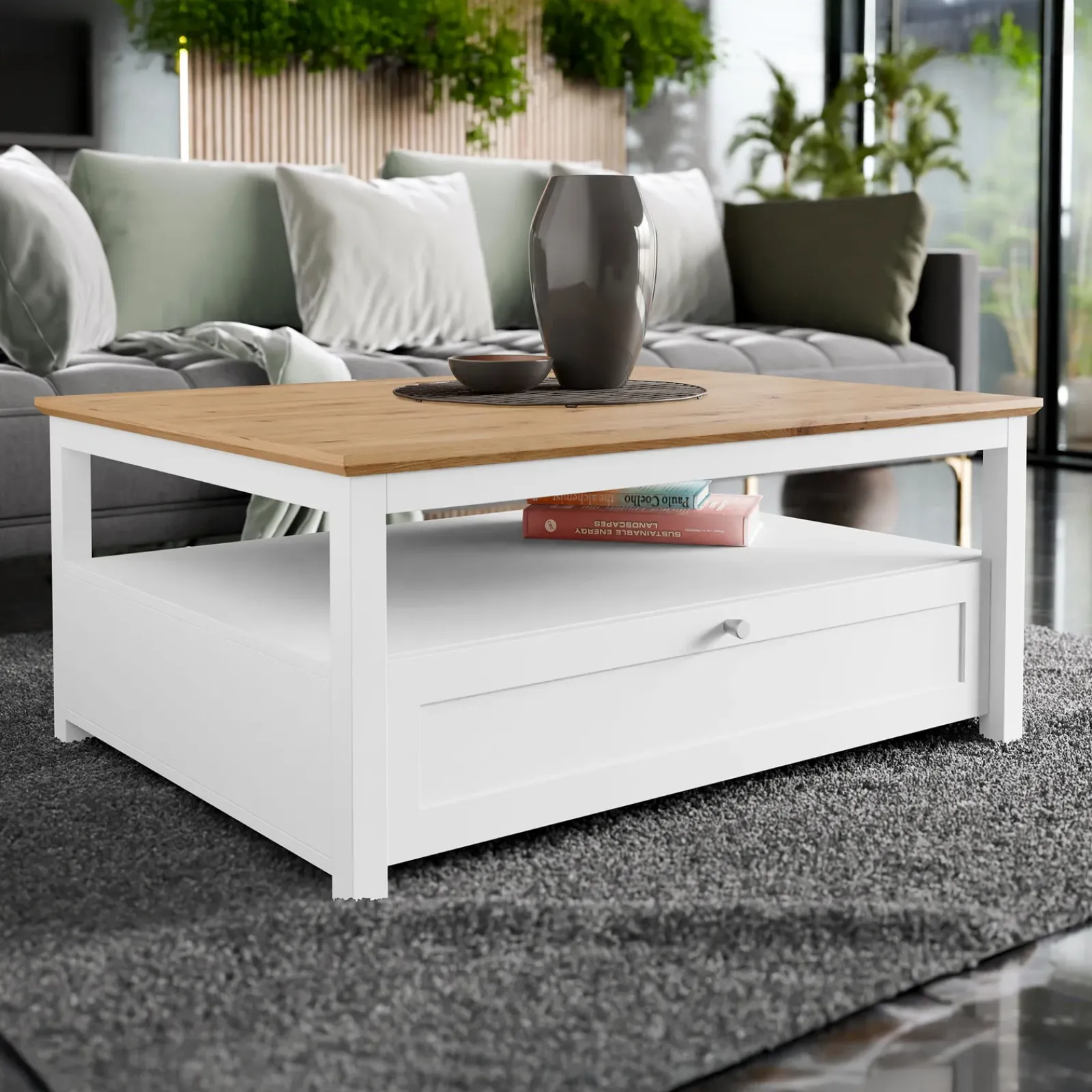 Garnero Arredamenti Tavolini Moderni|Tavolini Moderni-Tavolino da salotto 104x80cm con cassetto bianco rovere Relaxio