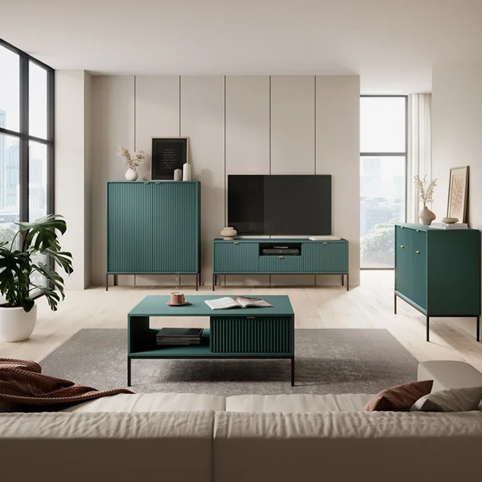 Garnero Arredamenti Tavolini Moderni|Tavolini Moderni-Tavolino da salotto 104x46cm moderno con cassetto cannettato verde Alisa