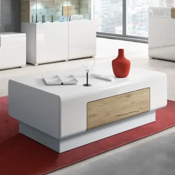 Garnero Arredamenti Tavolini Moderni|Tavolini Moderni-Tavolino salotto con cassetti 110x60cm bianco lucido rovere Tahiti