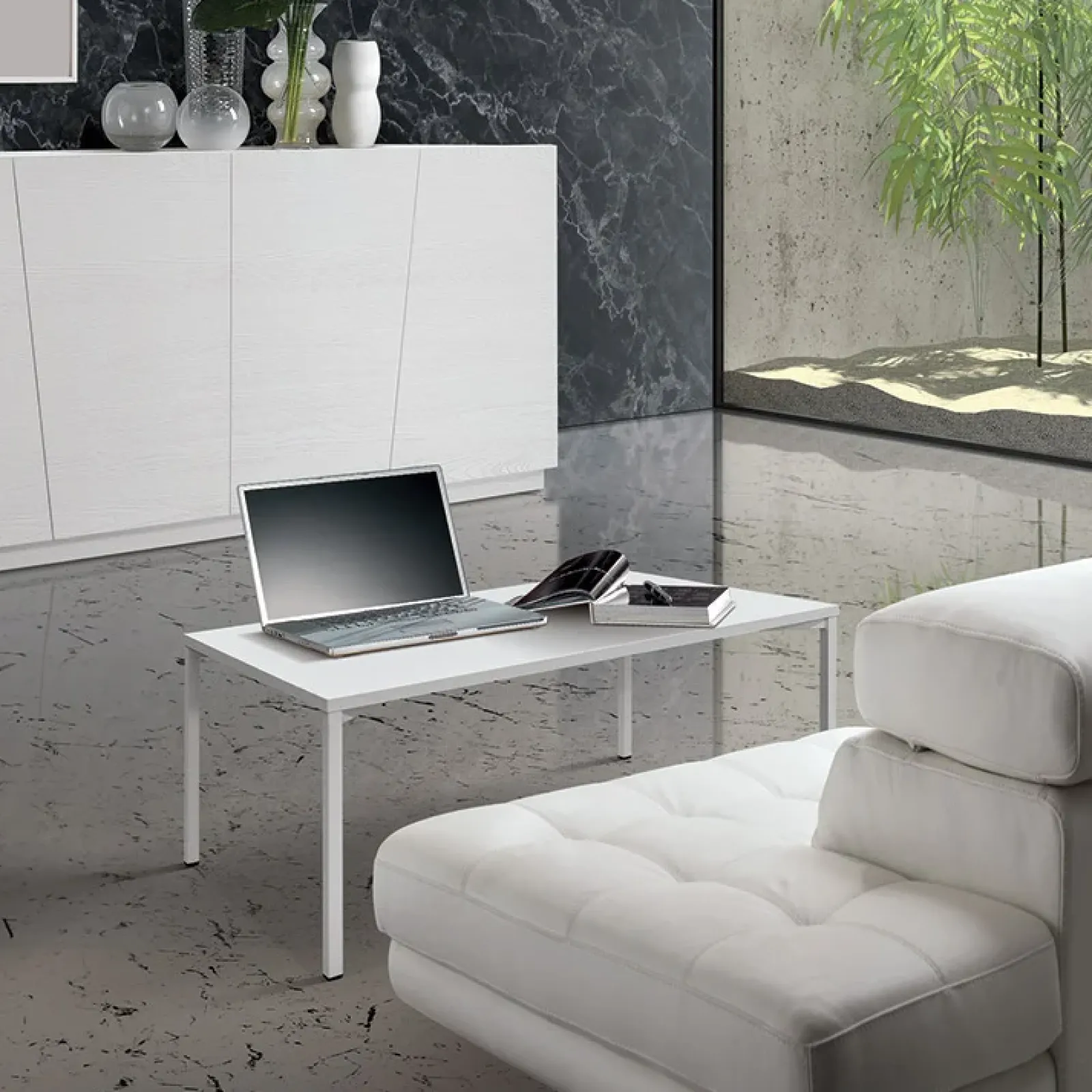 Garnero Arredamenti Tavolini Classici|Tavolini Classici-Tavolino 55x90 cm da salotto rettangolare frassino metallo Blade Bianco