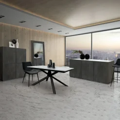 Garnero Arredamenti Tavoli Da Pranzo|Tavoli Allungabili-Tavolo 160/220 cm allungabile bianco effetto marmo metallo Velvet Marmo bianco - Nero opaco