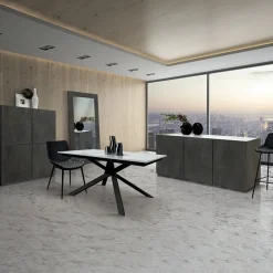 Garnero Arredamenti Tavoli Da Pranzo|Tavoli Allungabili-Tavolo 140/200 cm allungabile bianco effetto marmo metallo Velvet Marmo bianco - Nero opaco