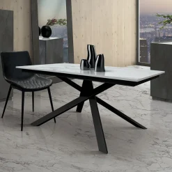 Garnero Arredamenti Tavoli Da Pranzo|Tavoli Allungabili-Tavolo 120/170 cm allungabile bianco effetto marmo metallo Velvet Marmo bianco - Nero opaco