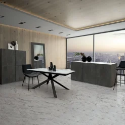 Garnero Arredamenti Tavoli Da Pranzo|Tavoli Allungabili-Tavolo 120/170 cm allungabile bianco effetto marmo metallo Velvet Marmo bianco - Nero opaco