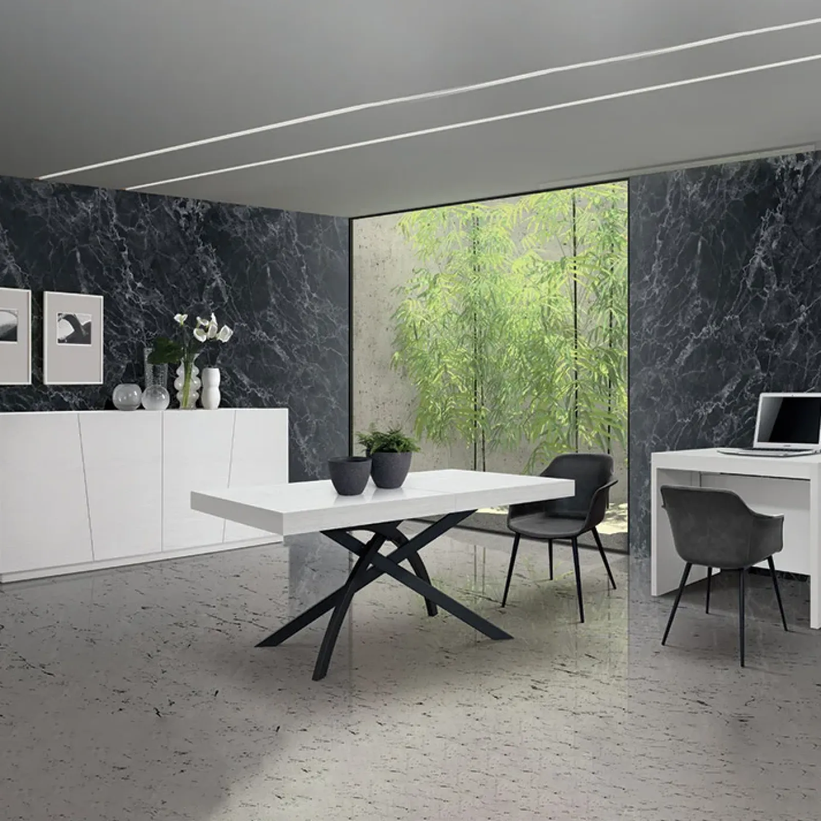 Garnero Arredamenti Tavoli Da Pranzo|Tavoli Allungabili-Tavolo 140/220 cm allungabile metallo Otab Bianco Frassinato