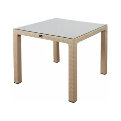 Garnero Arredamenti Tavoli Da Giardino|Tavoli Da Pranzo-Tavolo da giardino esterno bar dehors 90x90cm polipropilene effetto rattan e vetro Claro Tortora