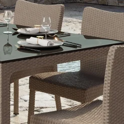 Garnero Arredamenti Tavoli Da Giardino|Tavoli Da Pranzo-Tavolo da giardino esterno bar dehors 90x90cm polipropilene effetto rattan e vetro Claro Tortora