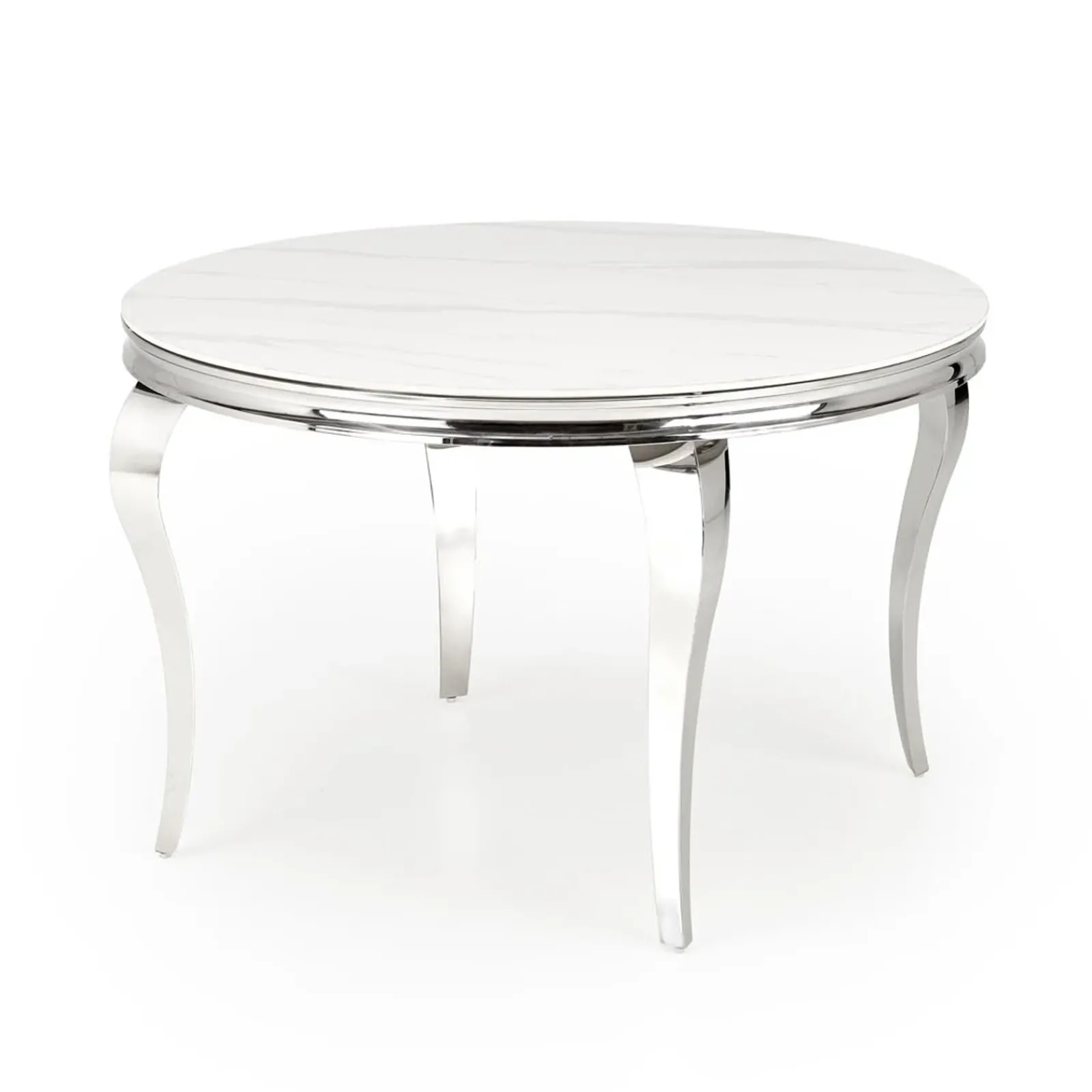 Garnero Arredamenti Tavoli In Vetro|Tavoli Da Pranzo-Tavolo da pranzo rotondo 120cm effetto marmo bianco cromato argento Selim Marmo bianco - Argento