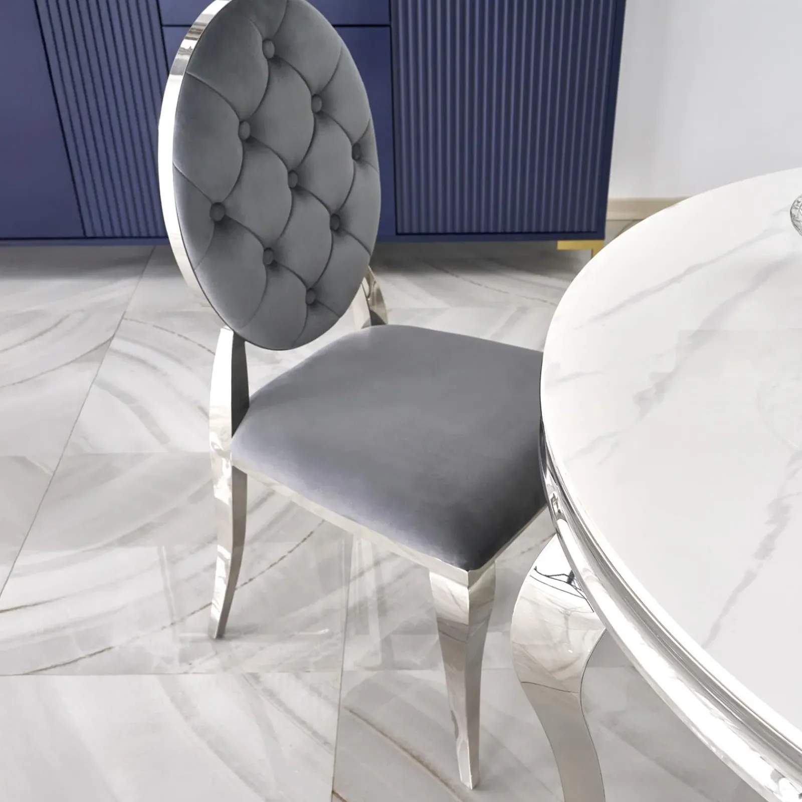Garnero Arredamenti Tavoli In Vetro|Tavoli Da Pranzo-Tavolo da pranzo rotondo 120cm effetto marmo bianco cromato argento Selim Marmo bianco - Argento