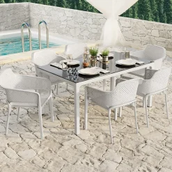 Garnero Arredamenti Tavoli Da Giardino|Tavoli Da Pranzo-Tavolo moderno da giardino esterno bar dehors con vetro 150x90cm bianco Teodoro Bianco Opaco