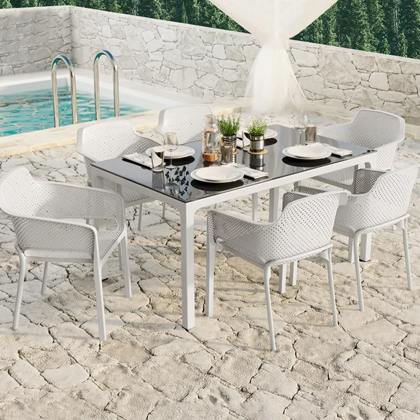 Garnero Arredamenti Tavoli Da Giardino|Tavoli Da Pranzo-Tavolo moderno da giardino esterno bar dehors con vetro 150x90cm bianco Teodoro Bianco Opaco