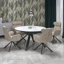 Garnero Arredamenti Tavoli Rotondi|Tavoli Da Pranzo-Tavolo rotondo allungabile 130/180cm vetro effetto marmo bianco nero Galact